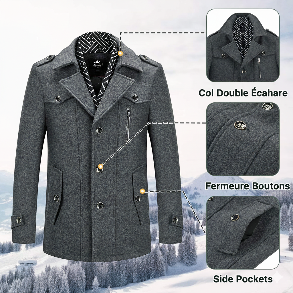 Manteau en laine épaisse mélangée pour homme avec écharpe amovible