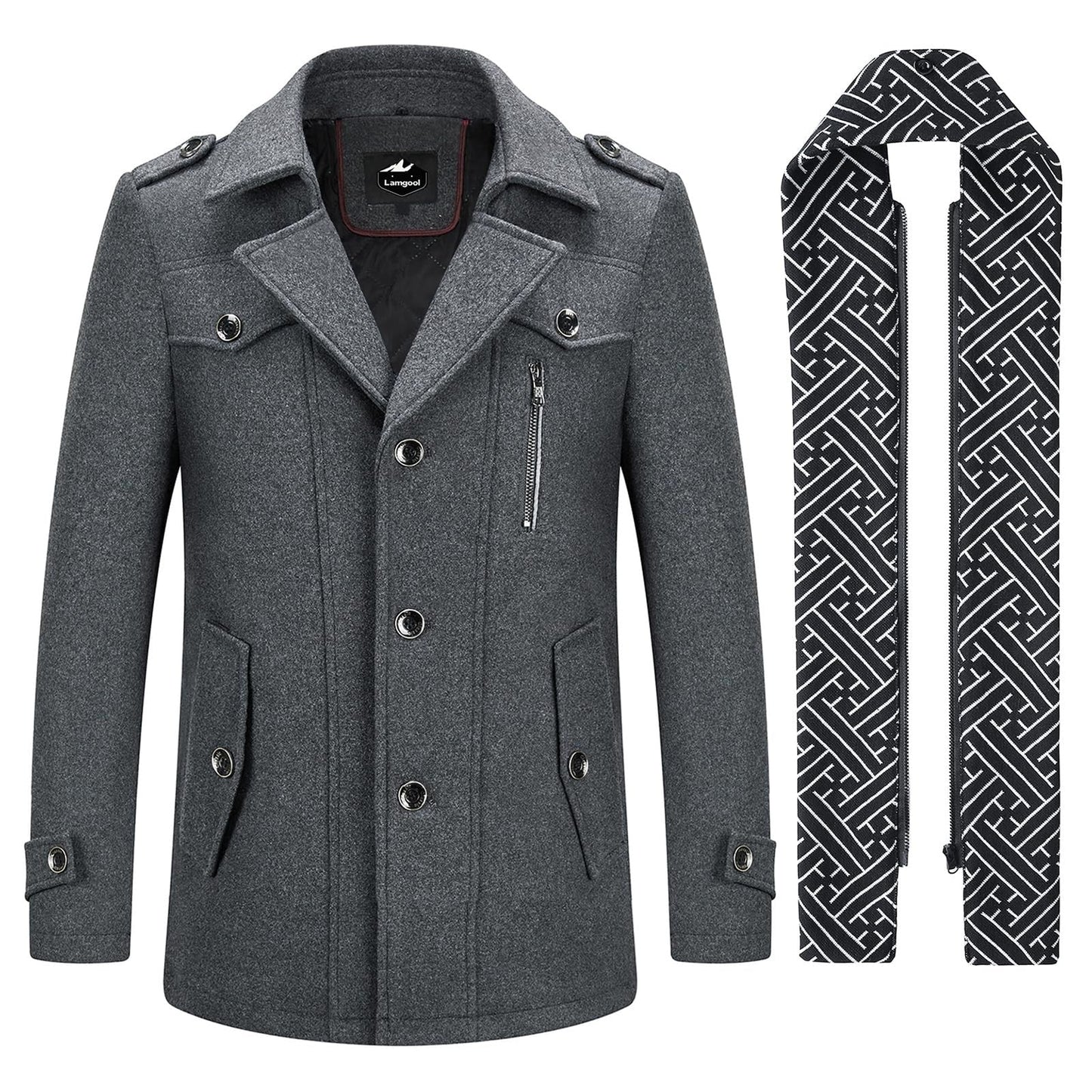 Manteau en laine épaisse mélangée pour homme avec écharpe amovible