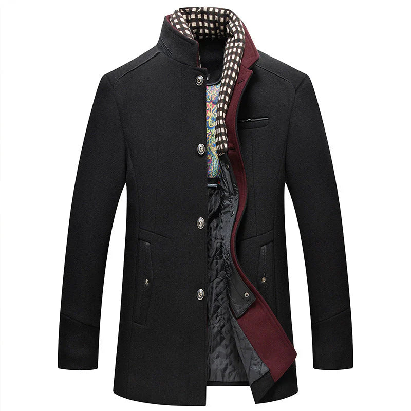Manteau en laine épais à col montant et écharpe amovible pour homme