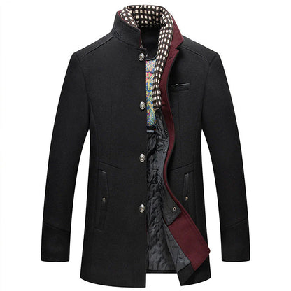 Manteau en laine épais à col montant et écharpe amovible pour homme