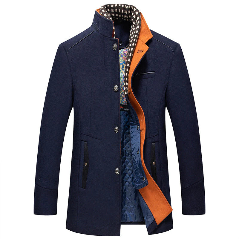 Manteau en laine épais à col montant et écharpe amovible pour homme