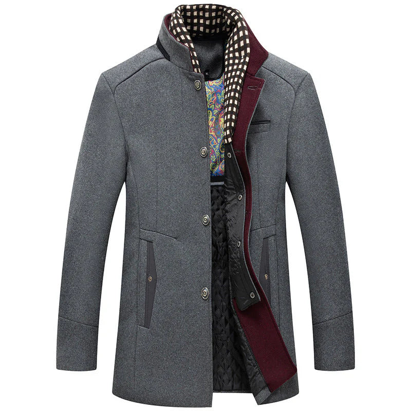Manteau en laine épais à col montant et écharpe amovible pour homme