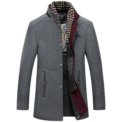 Manteau en laine épais à col montant et écharpe amovible pour homme